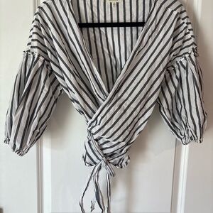 Max Studio Black and White Striped Wrap Blouse